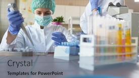  Presentation with gear - PPT theme featuring young-female-scientists-in-protective background and a teal colored foreground