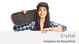  Presentation with signboard - Presentation theme featuring young female skateboarder posing behind a blank signboard isolated on white background background and a white colored foreground