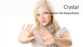  Presentation with stop - Colorful presentation design enhanced with young female stop go away backdrop and a white colored foreground