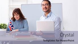  Presentation with english teacher - PPT theme featuring young-female-student-and-male background and a light blue colored foreground