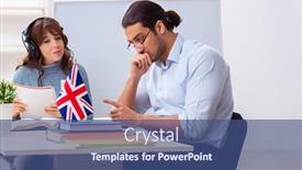  Presentation with english teacher - Amazing slides having young-female-student-and-male backdrop and a ocean colored foreground