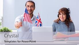  Presentation with english teacher - Theme consisting of young-female-student-and-male background and a light blue colored foreground