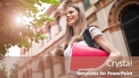  Presentation with book - PPT theme featuring young-female-student-holding background and a coral colored foreground