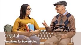  Presentation with man sitting bench - Beautiful PPT theme featuring young-female-student-listening backdrop and a coral colored foreground