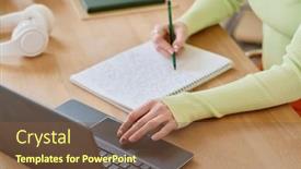  Presentation with student - PPT theme featuring young-female-student-making-notes background and a tawny brown colored foreground