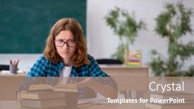  Presentation with exam - Presentation theme consisting of young-female-student-preparing background and a  colored foreground