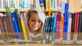  Presentation with book fair - Slide set consisting of young female student reading book background and a gold colored foreground