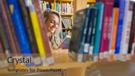  Presentation with book fair - Beautiful PPT theme featuring young female student reading book backdrop and a coral colored foreground