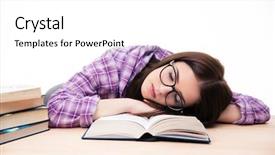  Presentation with sleeping - Presentation design consisting of young female student sleeping on the table with books over wihte background background and a white colored foreground