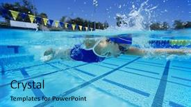  Presentation with pool side - PPT theme featuring young female swimmer in pool background and a light blue colored foreground