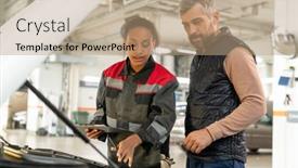  Presentation with service technician - Cool new PPT layouts with young-female-technician-of-car backdrop and a coral colored foreground