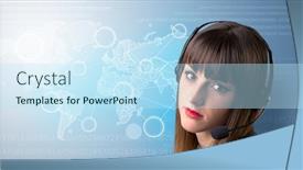  Presentation with telemarketer - Slide set featuring young female telemarketer with blue background and world map and numbers behind her background and a sky blue colored foreground