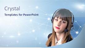  Presentation with telemarketer - Slide set with young female telemarketer with blue background and connectivity concept background and a sky blue colored foreground