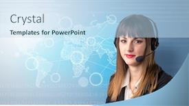  Presentation with telemarketer - Cool new PPT theme with telemarketing - young female telemarketer with blue backdrop and a sky blue colored foreground