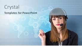  Presentation with telemarketer - Presentation design featuring telemarketing - young female telemarketer with blue background and a sky blue colored foreground