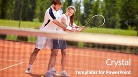  Presentation with court - Colorful presentation design enhanced with young female tennis player backdrop and a coral colored foreground