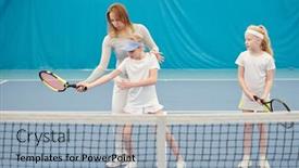 Presentation with consulting - PPT theme consisting of young-female-tennis-trainer background and a light blue colored foreground