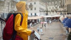  Presentation with rainy day - PPT theme enhanced with young-female-tourist-is-looking background and a coral colored foreground