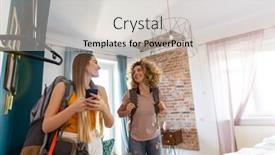  Presentation with tourists - Colorful PPT layouts enhanced with young-female-tourists-staying backdrop and a light gray colored foreground