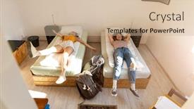  Presentation with hostel - Cool new PPT theme with young-female-tourists-staying backdrop and a soft green colored foreground