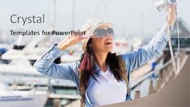  Presentation with worried young female college student - Colorful PPT theme enhanced with young-female-traveller-taking backdrop and a sky blue colored foreground