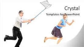  Presentation with full length portrait two men women brown sweater - Presentation consisting of young female trying to runaway background and a white colored foreground