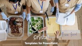  Presentation with free food - Beautiful slide deck featuring young-female-volunteers-giving-containers backdrop and a coral colored foreground