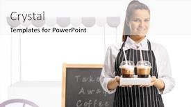  Presentation with takeaway coffee - Amazing slide set having young-female-waitress-holding-two backdrop and a white colored foreground