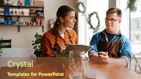  Presentation with employee training - PPT theme featuring young-female-waitress-with-clipboard background and a tawny brown colored foreground