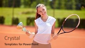  Presentation with goblet - PPT layouts featuring young female winner in tennis match holding goblet on tennis court background and a coral colored foreground