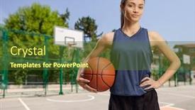  Presentation with basketball female - Slide set featuring young-female-with-a-basketball background and a tawny brown colored foreground