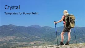  Presentation with mountain hiking - Amazing presentation design having young female with backpack and hiking poles in the mountain backdrop and a teal colored foreground