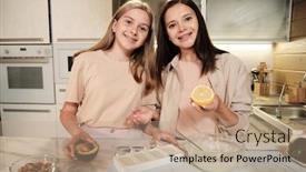  Presentation with fresh avocado - Cool new presentation design with young-female-with-fresh-lemon backdrop and a coral colored foreground