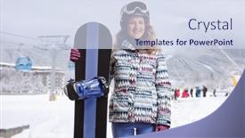  Presentation with snowboard - PPT theme consisting of young-female-with-snowboard-standing background and a  colored foreground