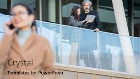  Presentation with financial center - Colorful presentation design enhanced with young-female-with-touchpad-making backdrop and a coral colored foreground