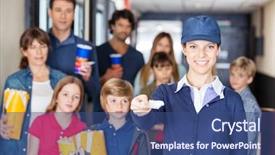  Presentation with worker - Presentation theme with waiting in background at cinema background and a ocean colored foreground