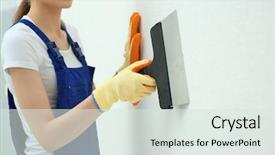  Presentation with repair - Cool new PPT theme with young female worker making repair backdrop and a sky blue colored foreground