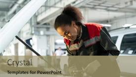  Presentation with car service - Slide set with young-female-worker-of-car background and a coral colored foreground