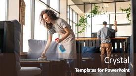  Presentation with cafe - Audience pleasing PPT theme consisting of young-female-worker-of-restaurant backdrop and a tawny brown colored foreground