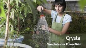  Presentation with worried young female college student - Slide deck enhanced with young female worker watering plants background and a tawny brown colored foreground