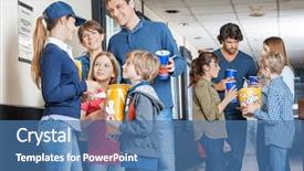  Presentation with families - Presentation with young female worker with families holding snacks at cinema background and a teal colored foreground