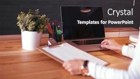  Presentation with desk - Amazing presentation theme having young-female-working-sitting backdrop and a dark gray colored foreground