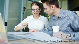  Presentation with managers - PPT layouts consisting of young financial managers analyzing statistics while having working meeting at spacious open plan office handsome man holding paper cup of coffee in hand background and a light blue colored foreground