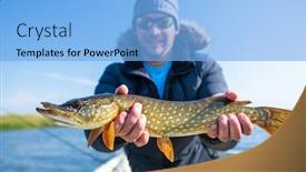  Presentation with fish feeder - Colorful presentation design enhanced with young fisherman holds the pike fish esox lucius being in the boat backdrop and a light blue colored foreground