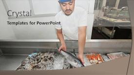 Presentation with fish - Colorful PPT theme enhanced with young-fishmonger-holding-up-mackerel backdrop and a light gray colored foreground
