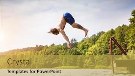  Presentation with activity - Beautiful PPT layouts featuring young fit man jumping into a lake from a wooden jetty water sport summer activity side view backdrop and a yellow colored foreground