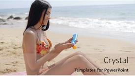  Presentation with sunscreen - Cool new PPT theme with young fit woman in bright bikini sitting alone on beach and applying sunscreen on body with background of ocean backdrop and a coral colored foreground