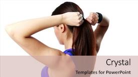  Presentation with years in the making - Colorful presentation theme enhanced with young fit woman making ponytail isolated on white view from behind backdrop and a coral colored foreground