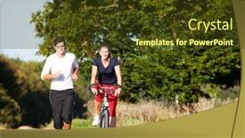  Presentation with autumn blue - Presentation theme enhanced with young fitness couple doing sport outdoors jogging and riding a bicycle in autumn under a clear blue sky background and a tawny brown colored foreground