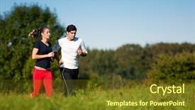  Presentation with sport blue - Theme featuring young fitness couple doing sport outdoors jogging on a green summer meadow in the grass under a clear blue sky background and a tawny brown colored foreground